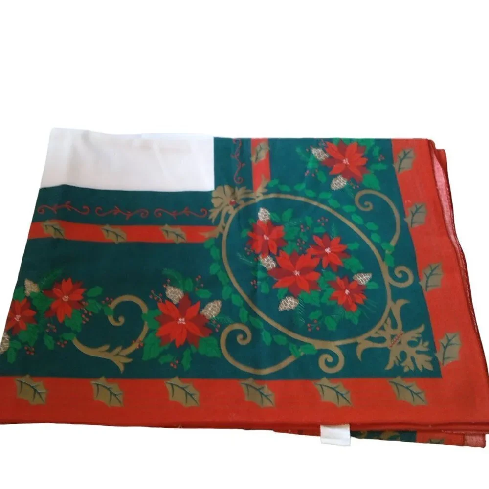 Christmas Tablecloth Rectangular Poinsettia Holly 100% Cotton 60x82 In.